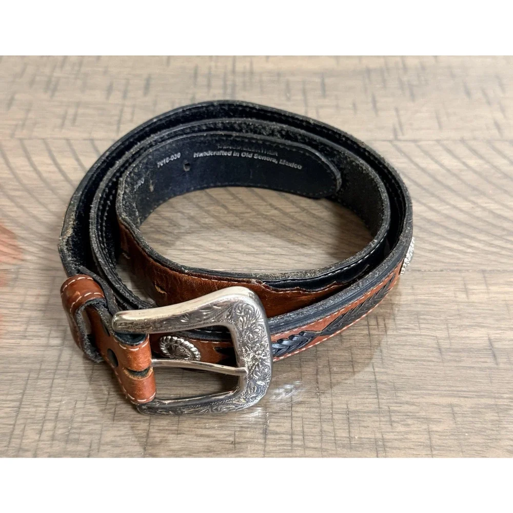 Bench Leather Western Tooled Concho Leather Belt Handcrafted Mexico Brown